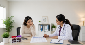 Hematologist explaining a complete blood count (CBC) report to a patient with persistent fatigue during an anaemia consultation