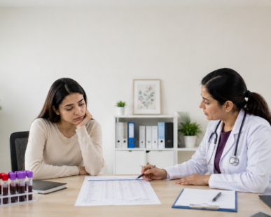 Hematologist explaining a complete blood count (CBC) report to a patient with persistent fatigue during an anaemia consultation