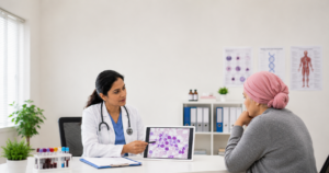 Female hematologist explaining leukemia diagnosis and treatment to a patient during a medical consultation
