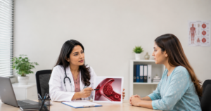 Female hematologist explaining a blood clotting disorder to a patient during a hematology consultation
