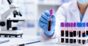 Laboratory specialist examining blood samples for early blood cancer diagnosis using advanced hematology testing